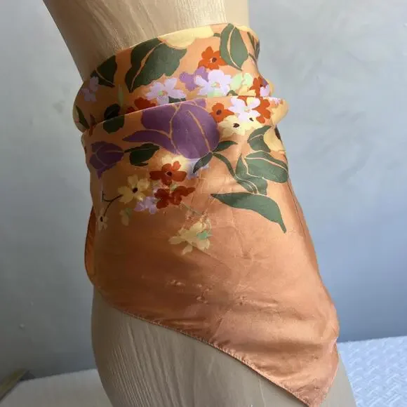 Vintage Silk? Floral Handmade Printed Scarf Orange White Yellow Square 24x24 - Picture 4 of 15